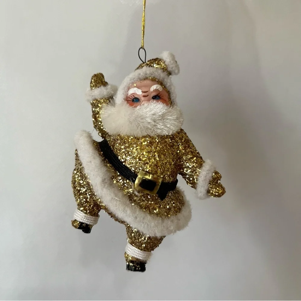 Vintage Gold Glitter Santa Ornament 50’s